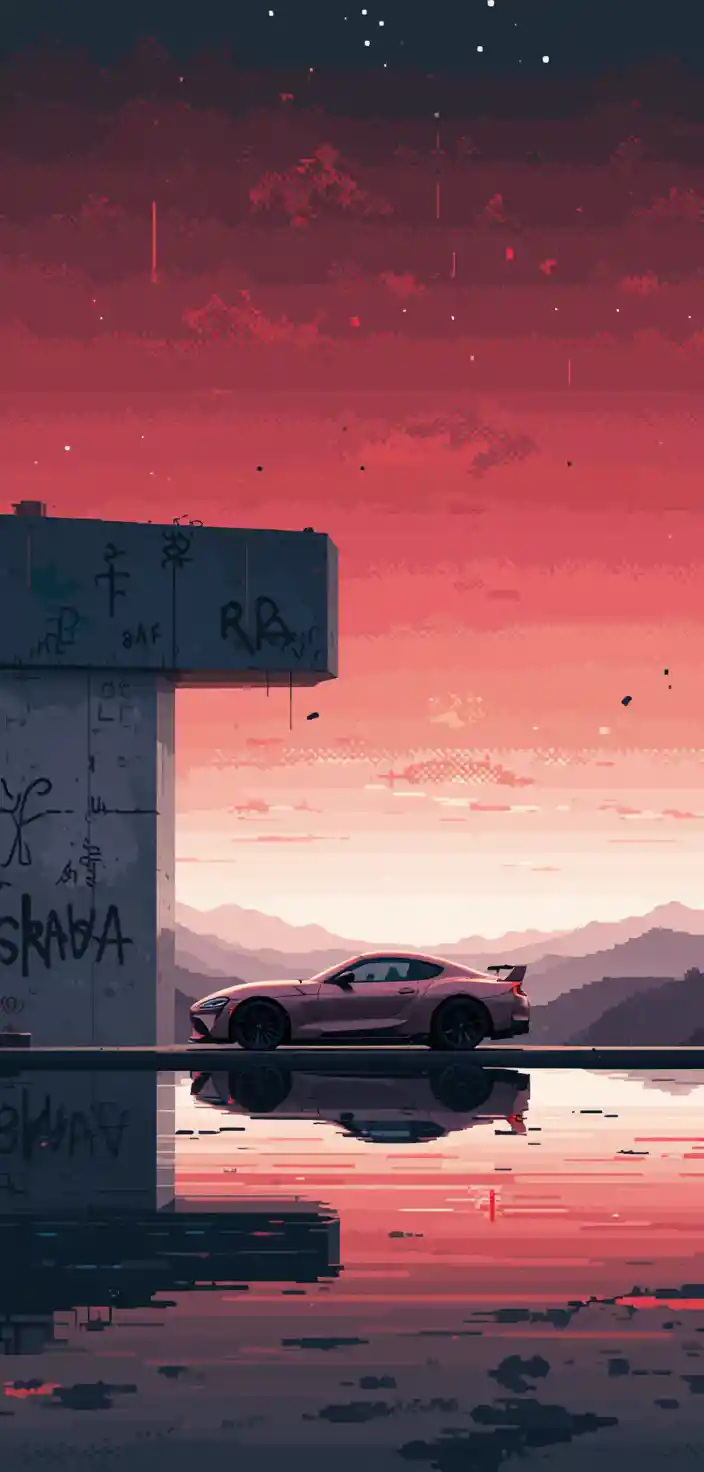 Pixel art sports car at the edge of an infinity pool