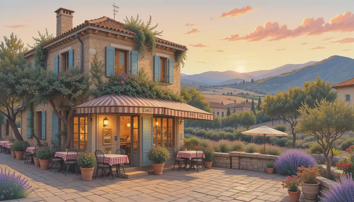 Terraço de bistrô provençal ao pôr do sol em desenho a lápis