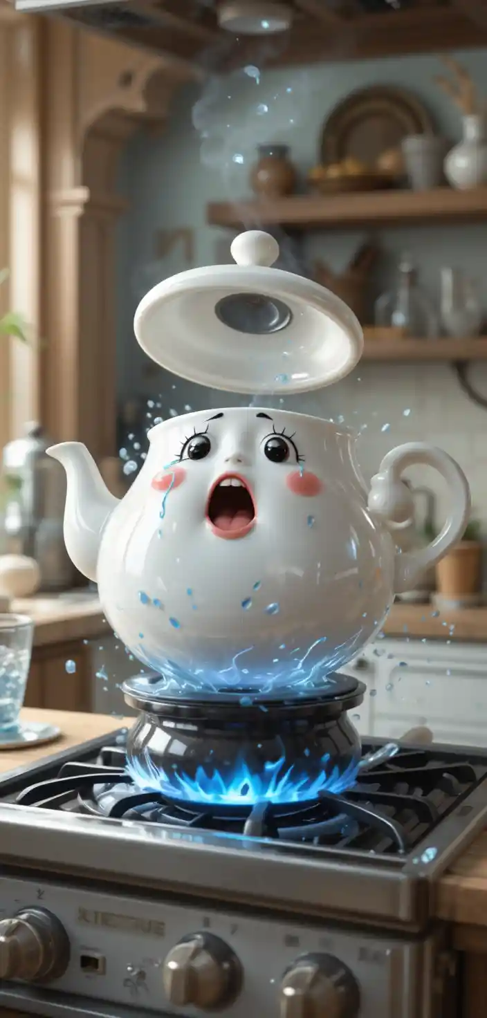 Cute 3D White Teapot Character Crying Above Stove