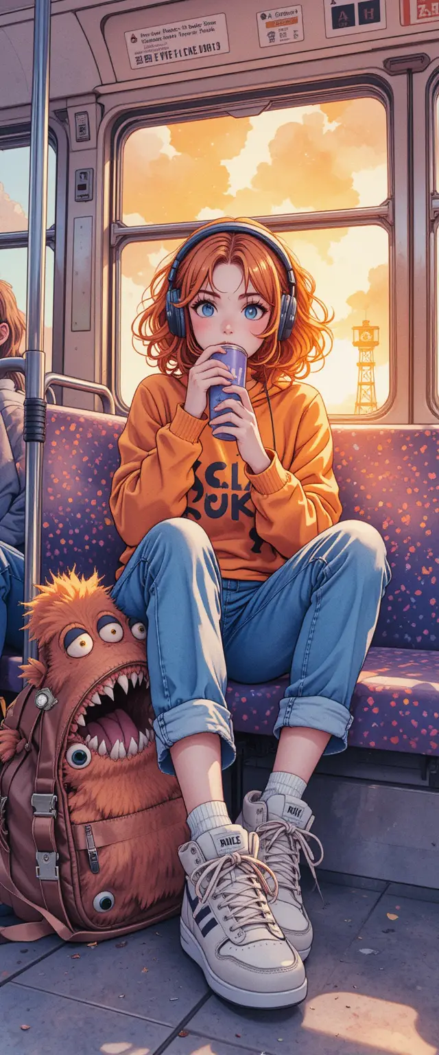 Happy anime girl on bus with coffee and monster bag