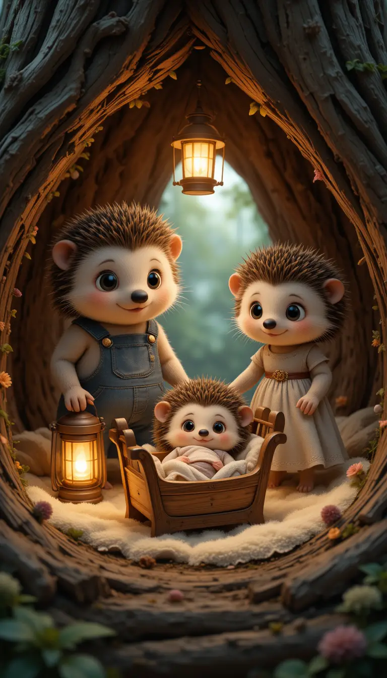 Anthropomorphic hedgehog family in a cozy tree home