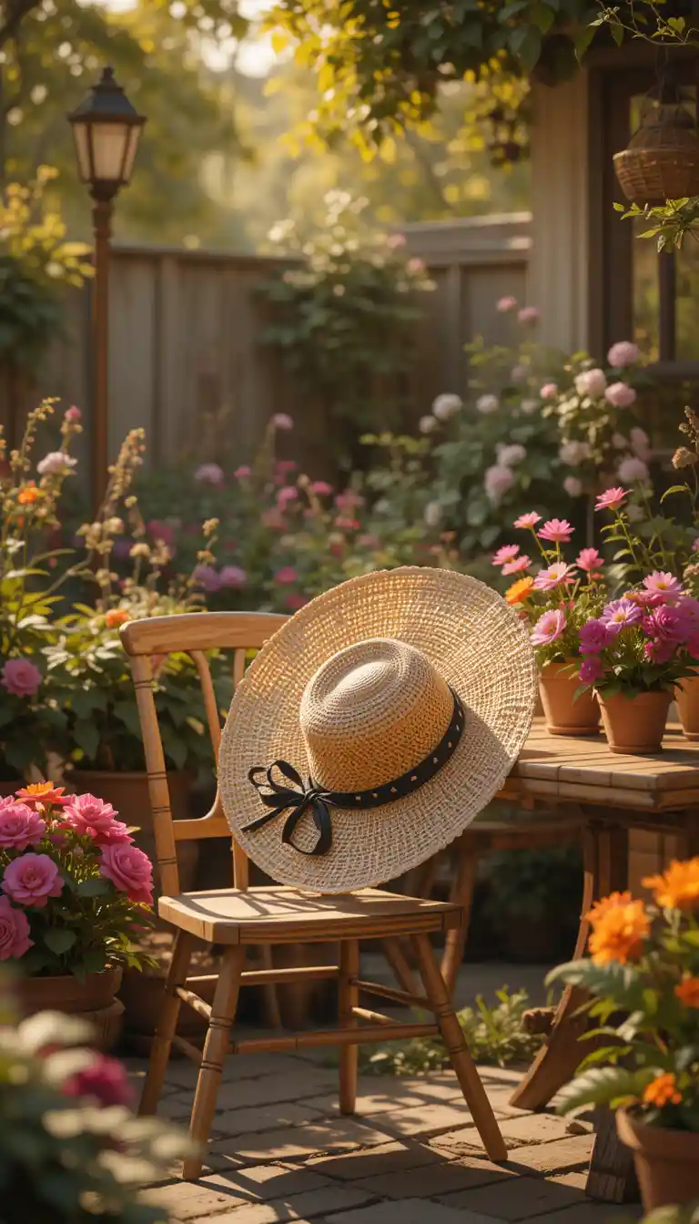 Peaceful garden still life with chair hat and flowers