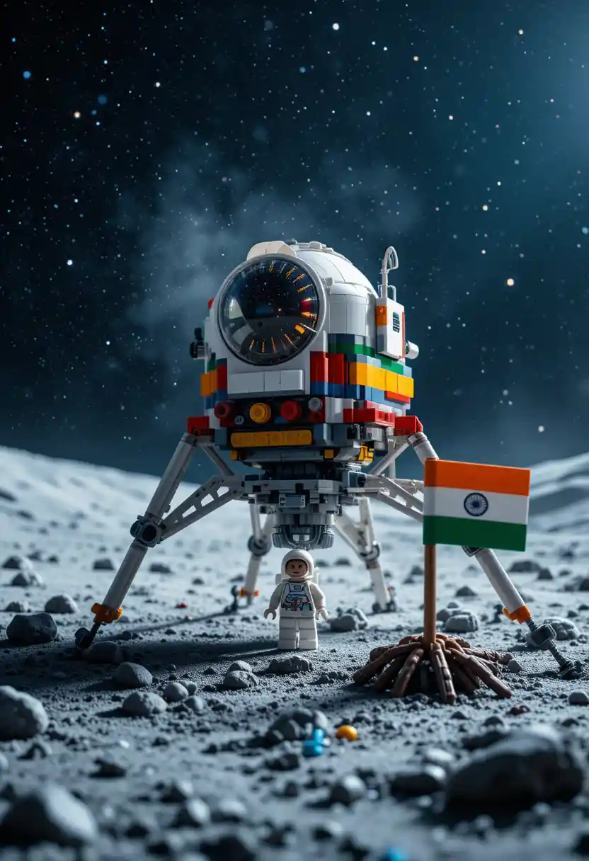 Buntes Lego-Raumschiff landet auf dem Mond neben einer Flagge