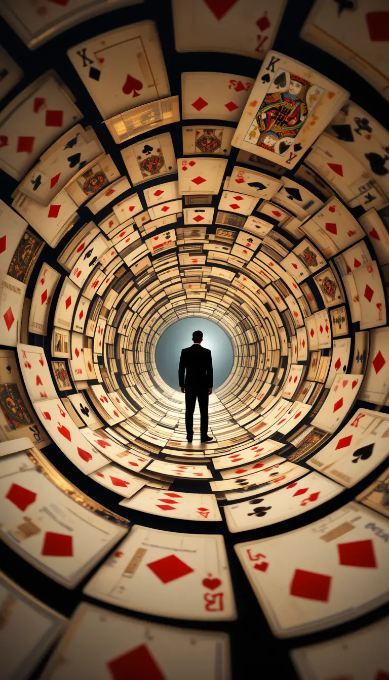 Surreal spiral tunnel of playing cards with distant figure