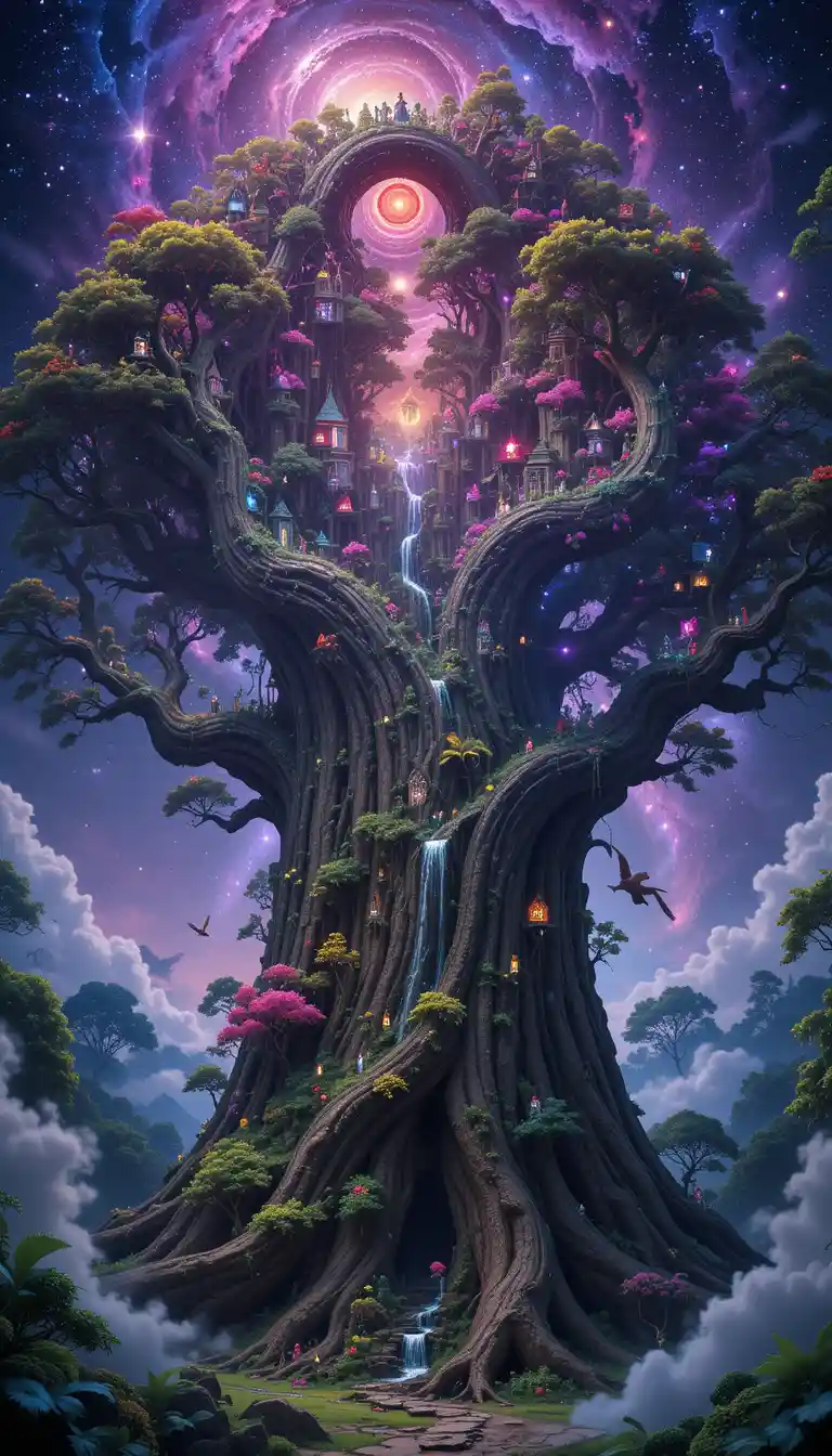 Ancient tree close up with tiny animals and flowers