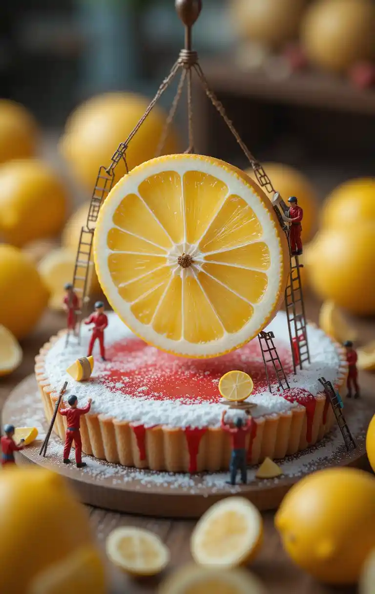 Tiny workers building a red lemon tart miniature world
