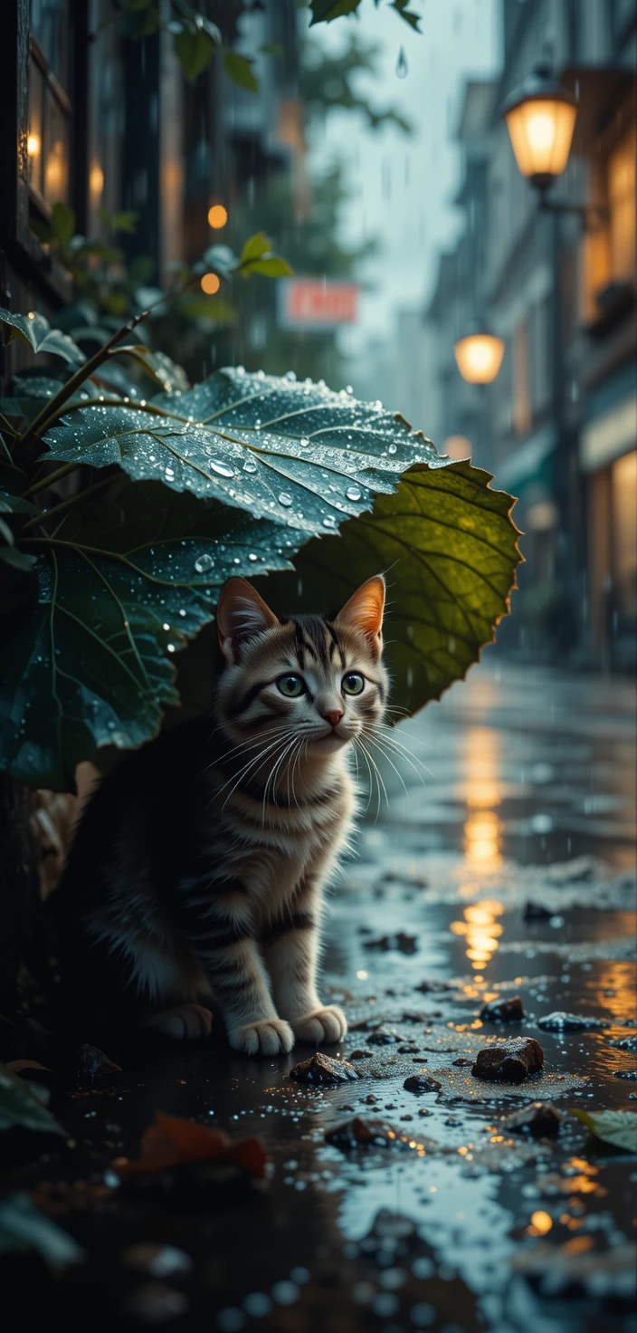 Gatito grande escondiéndose de la lluvia bajo una hoja