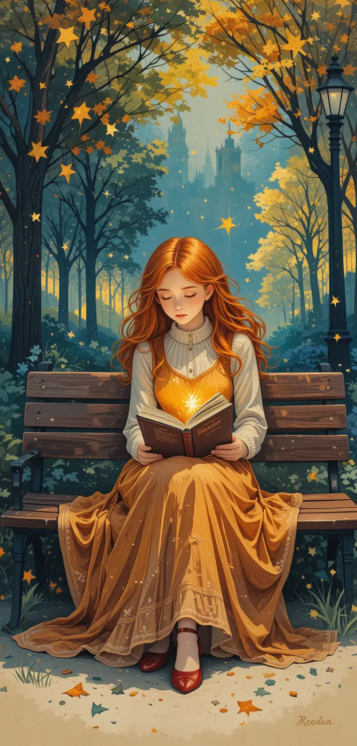 Ginger haired girl reading on a park bench illustration
