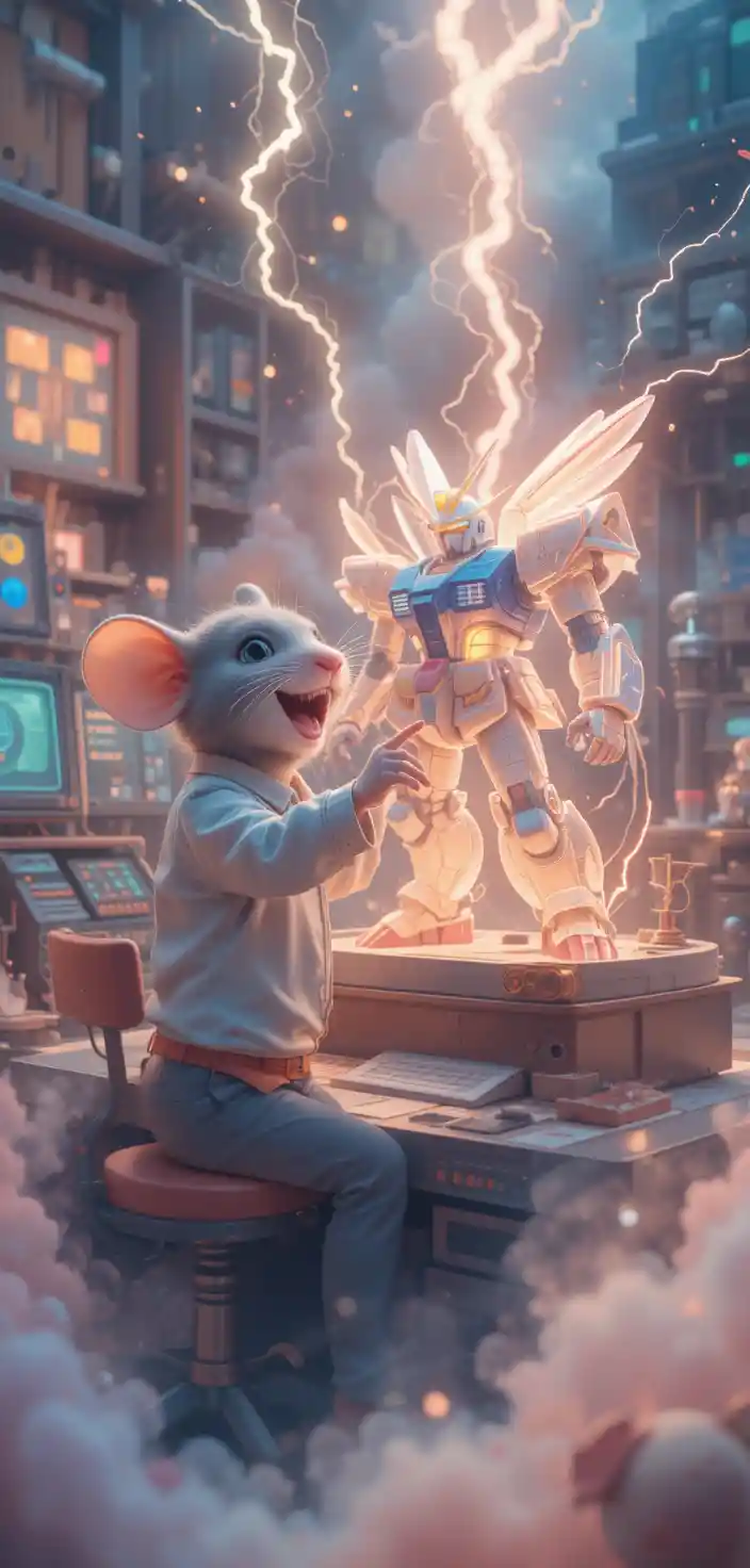 Joyful lab mouse powering a glowing gundam toy