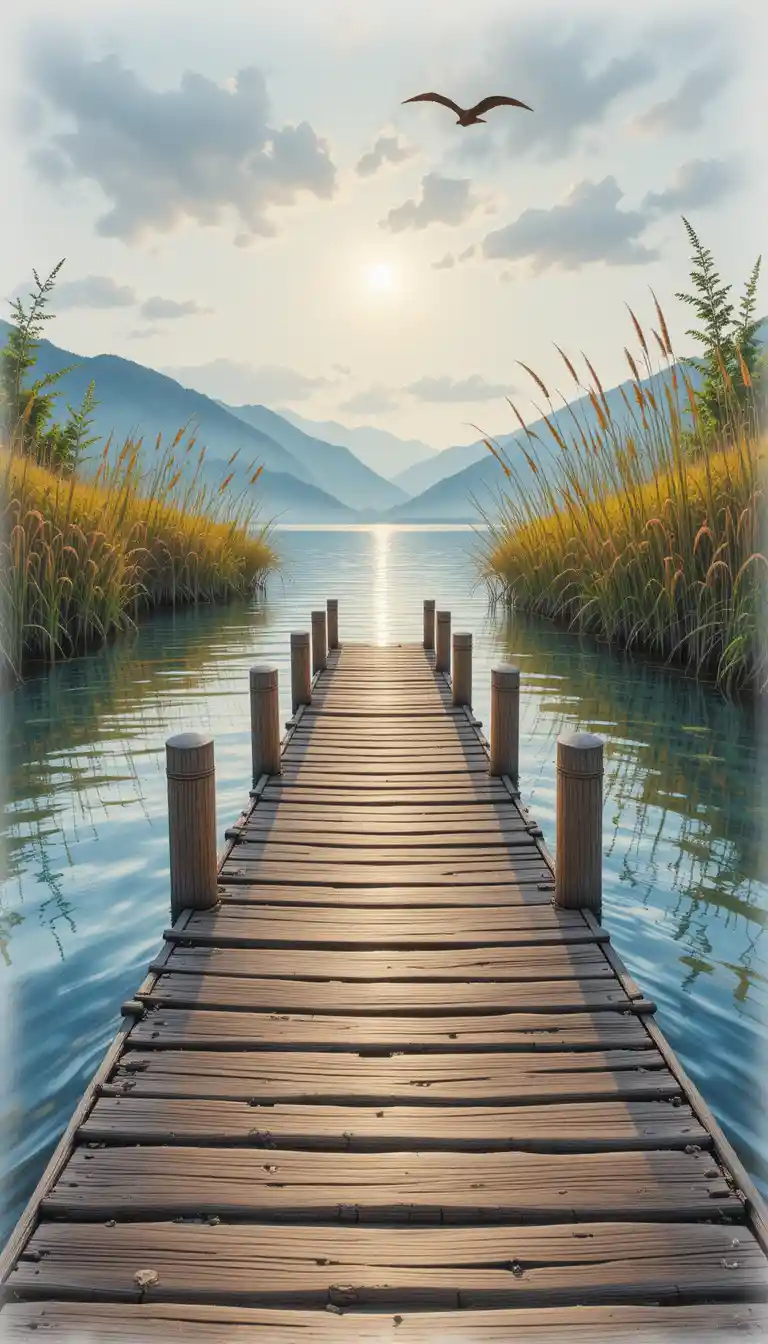 Wooden pier on calm lake with mountains and reeds