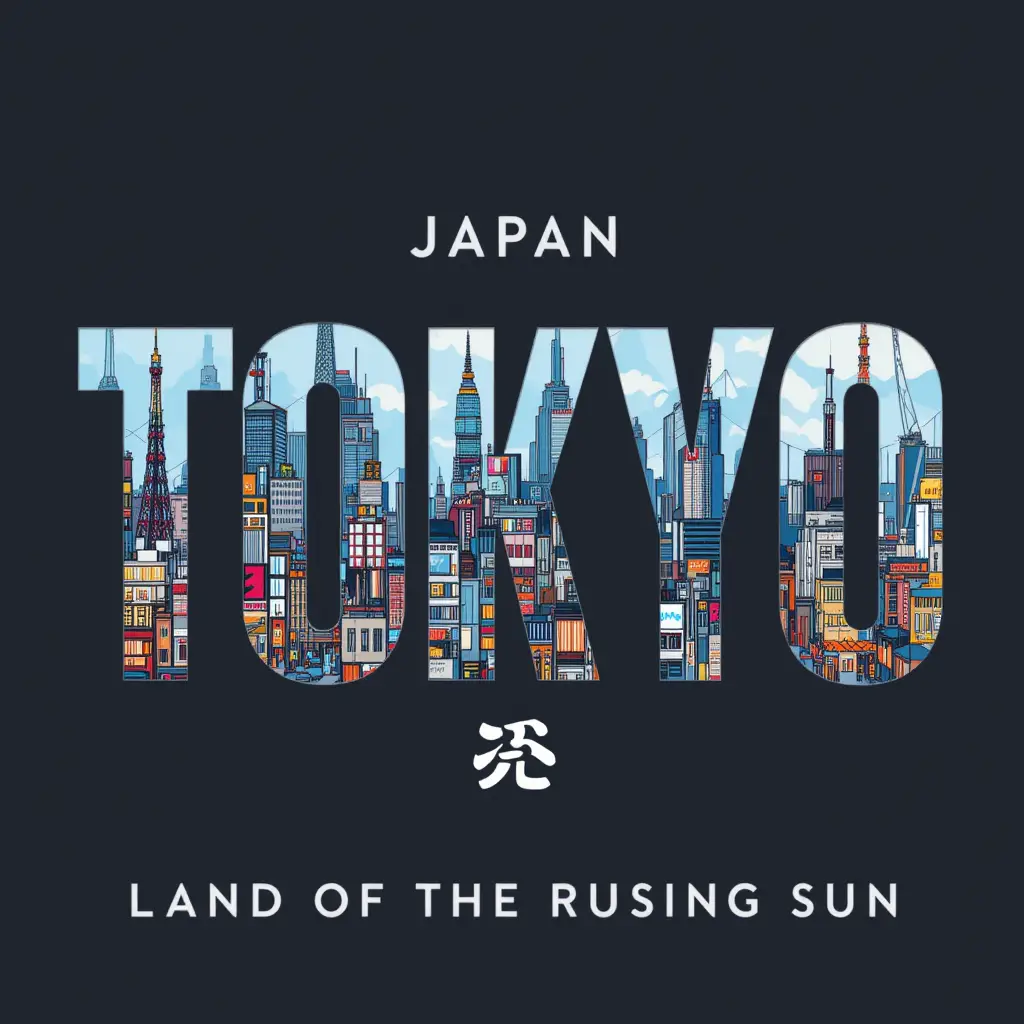 Bold tokyo typography with illustrated urban cityscape
