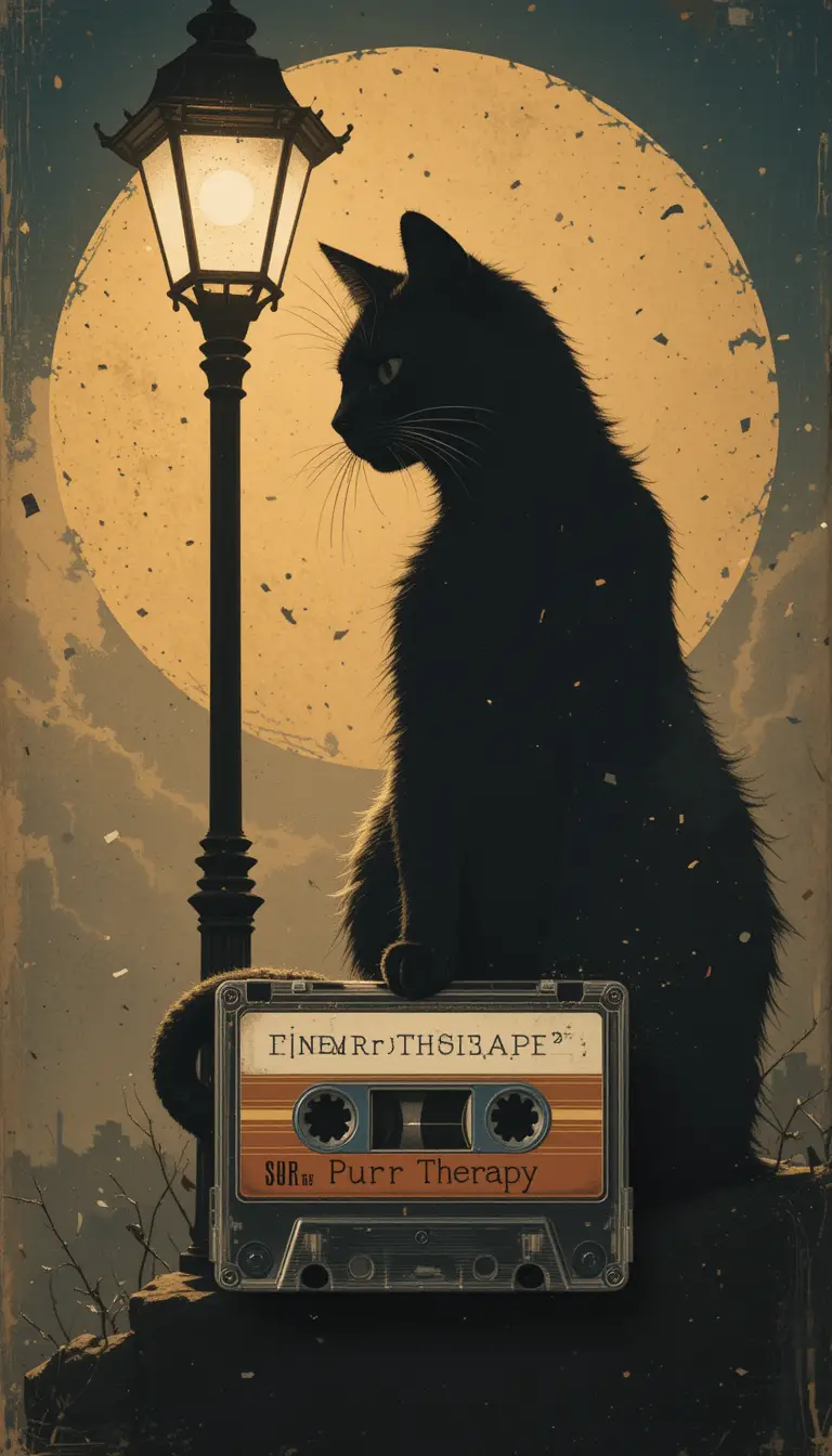 Vintage cat silhouette under streetlamp with cassette tape