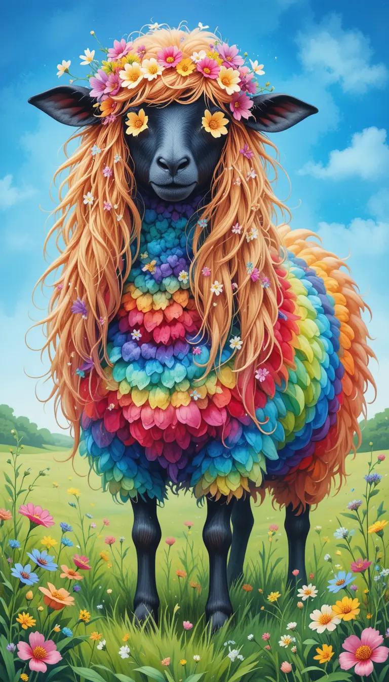 Whimsical Long Haired Sheep In Colorful Watercolor Pasture