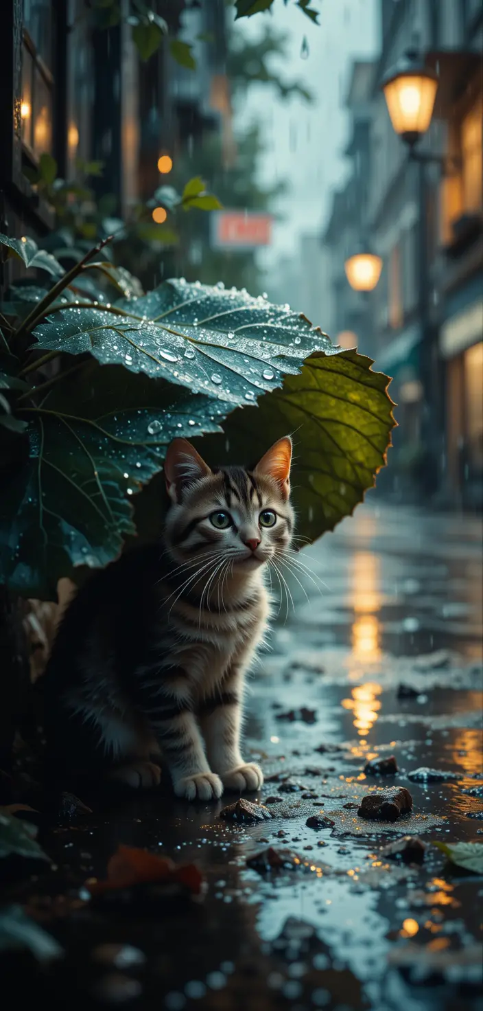 Big kitten hiding from the rain under a leaf