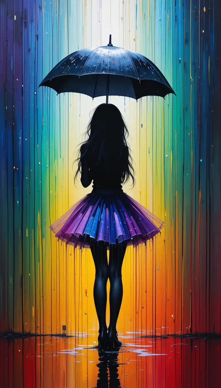 Young girl with umbrella in colorful rainy oil painting