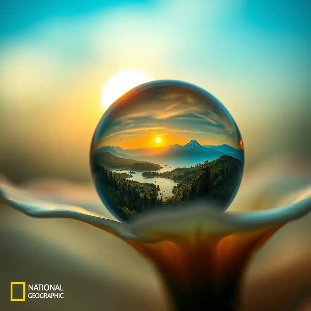 Macro dew droplet revealing a tiny fantasy landscape