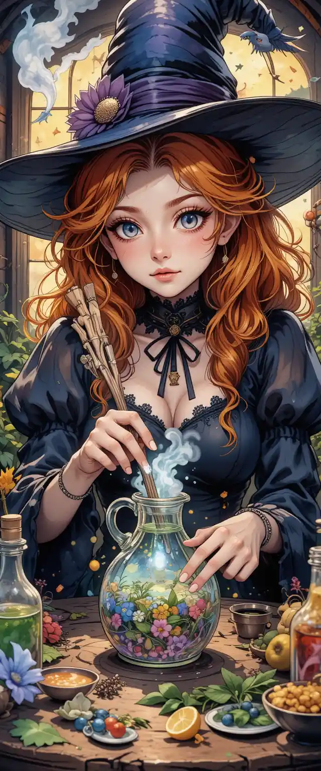 Happy anime witch girl making a magical potion