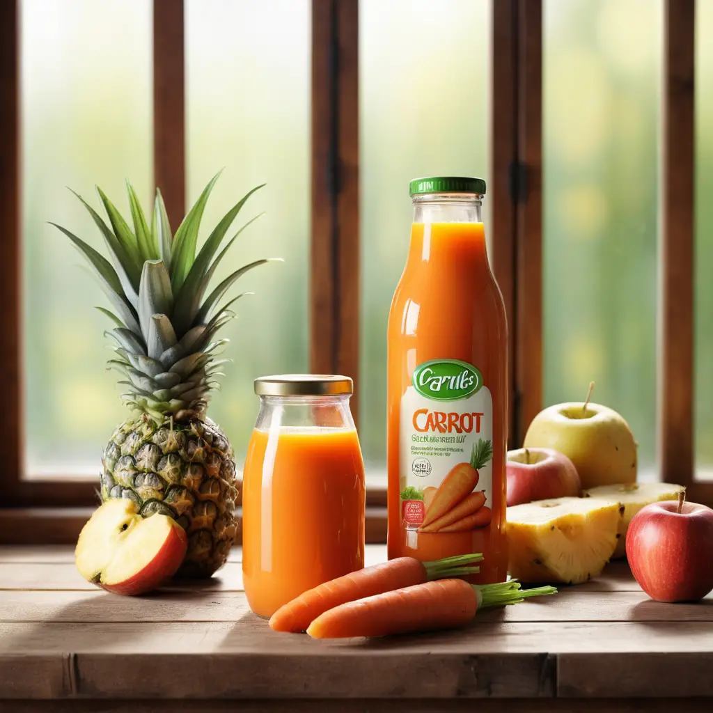 Minimal carrot juice bottle on wooden board by window