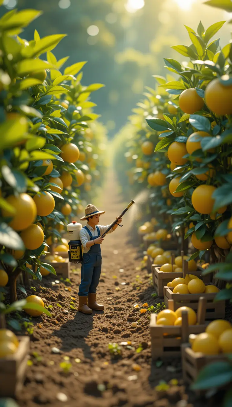 Tiny farmers spraying nutrients on miniature lemon trees