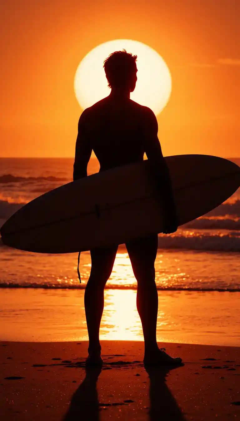 Surfer Silhouette With Halo Sun On Peaceful Beach
