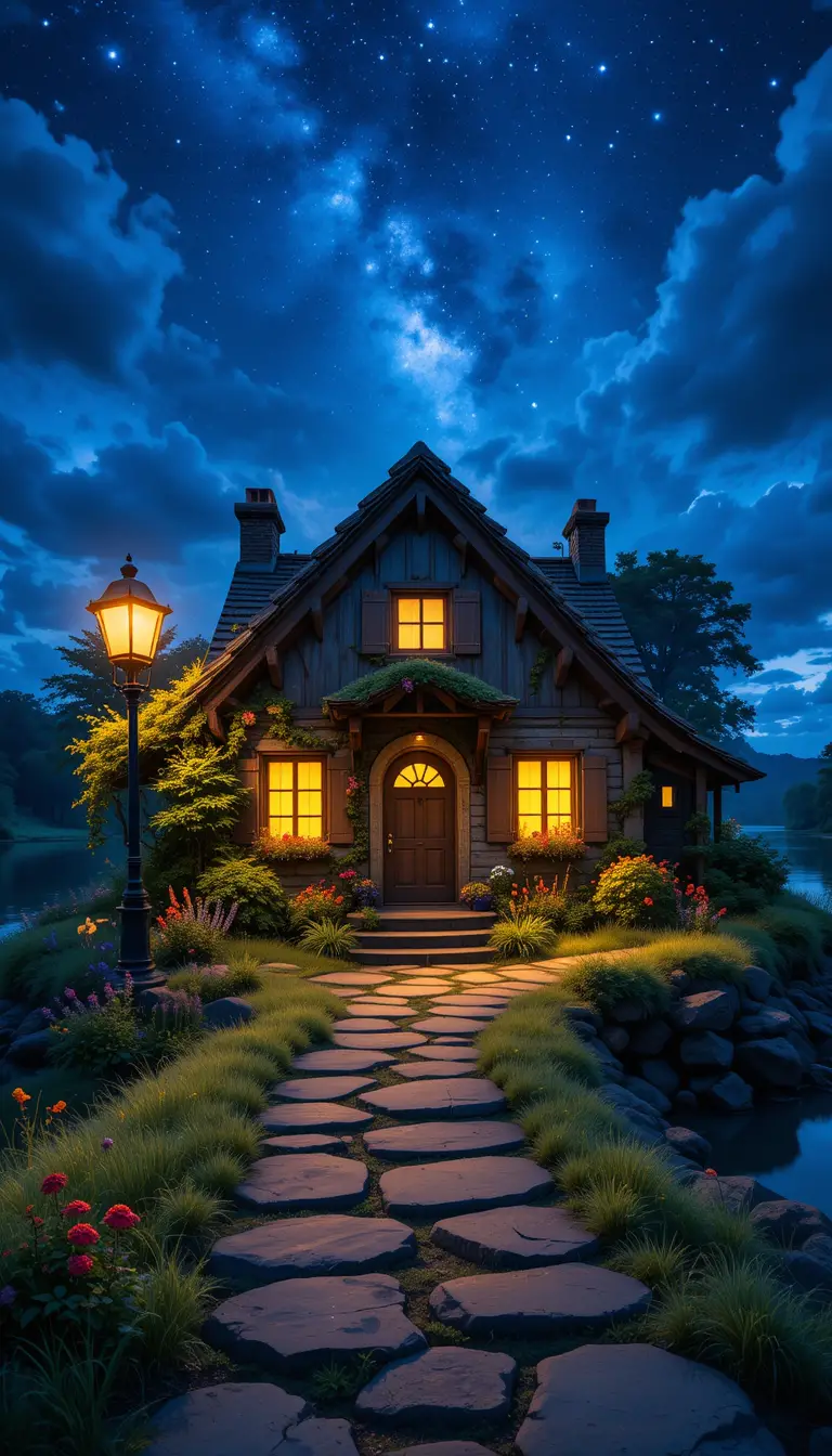 Cozy Riverside Cottage Under A Starry Night Sky