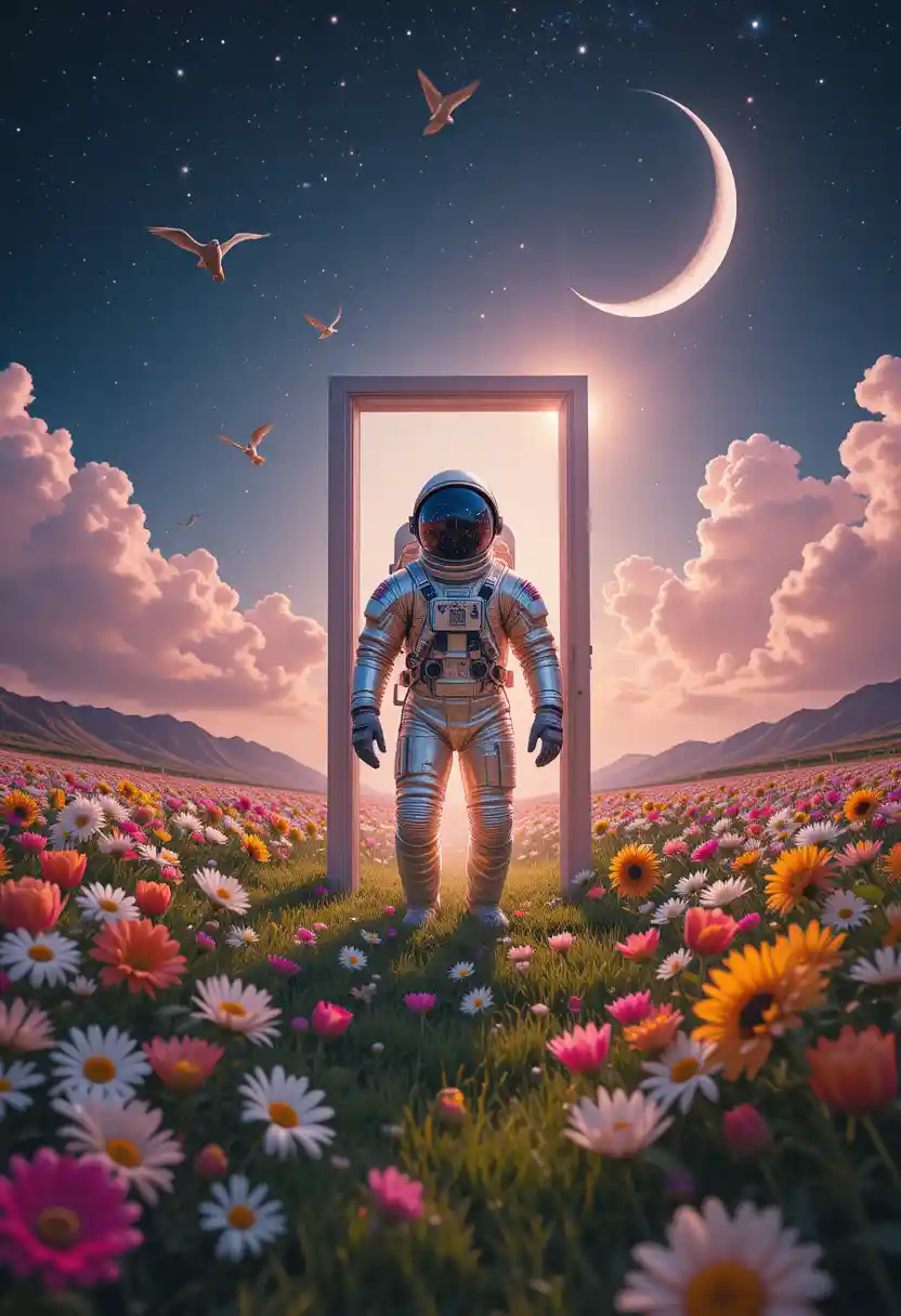 Astronaut entering a glowing doorway in surreal flower field