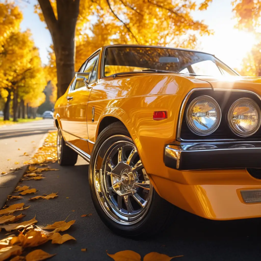 Custom car close up in bright autumn sunlight