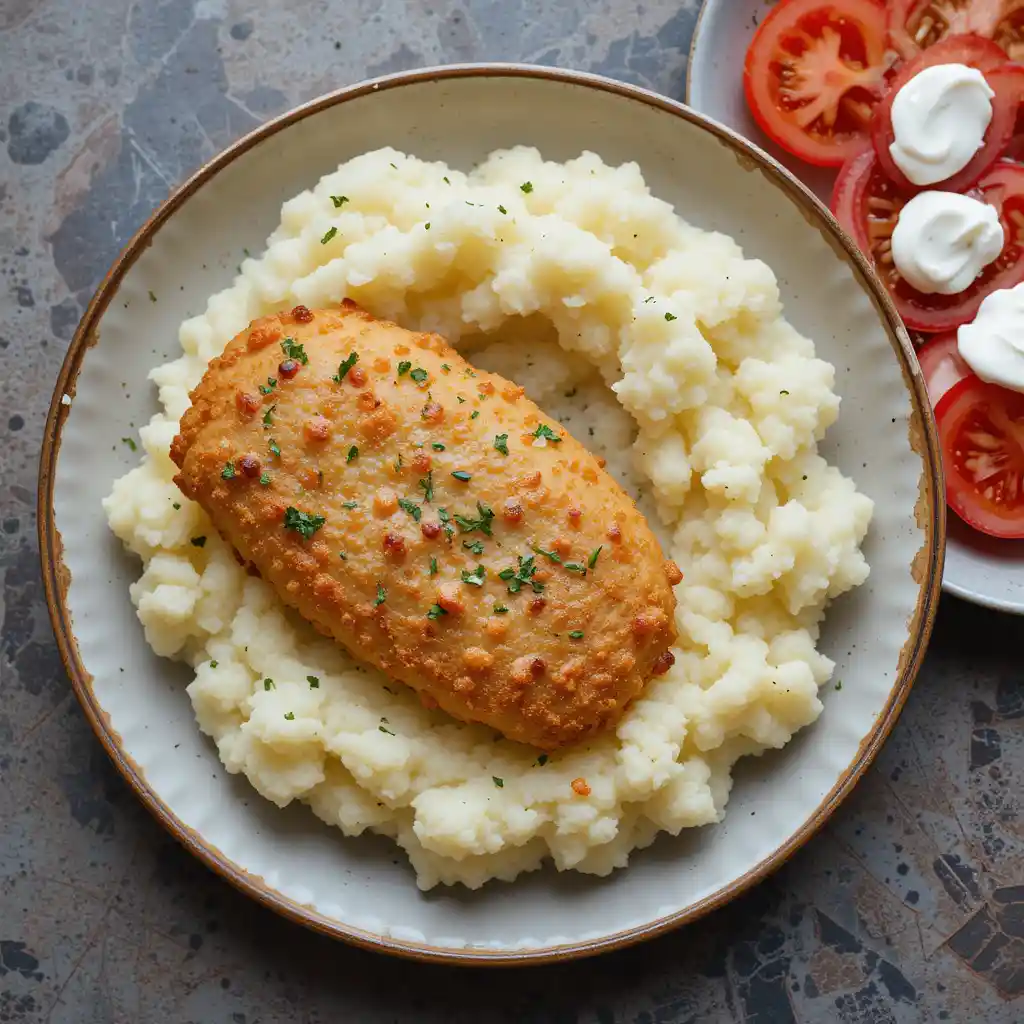 Fried cutlet with mashed potatoes and creamy tomato salad
