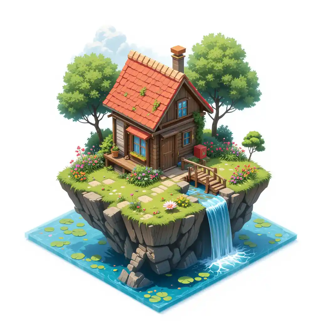 Isometric Floating Island House With Waterfall And Garden