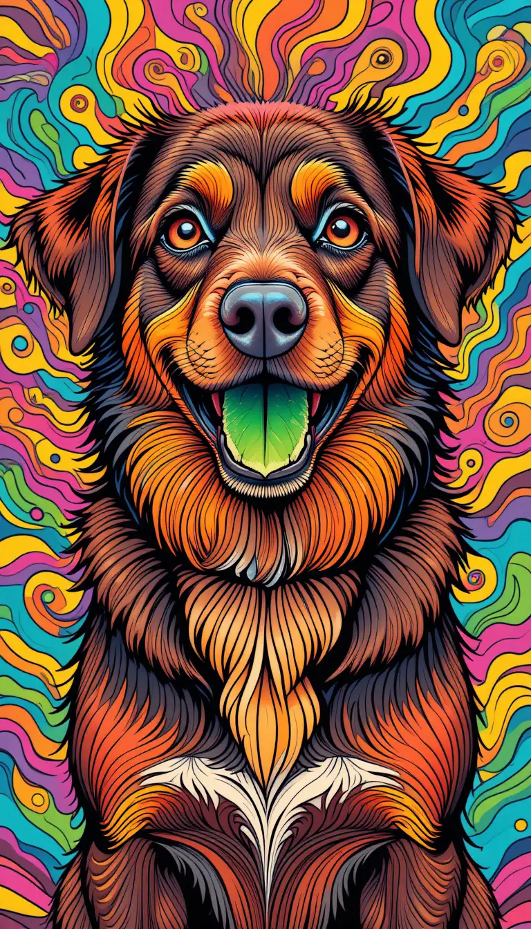 Colorful psychedelic dog portrait with abstract swirling background