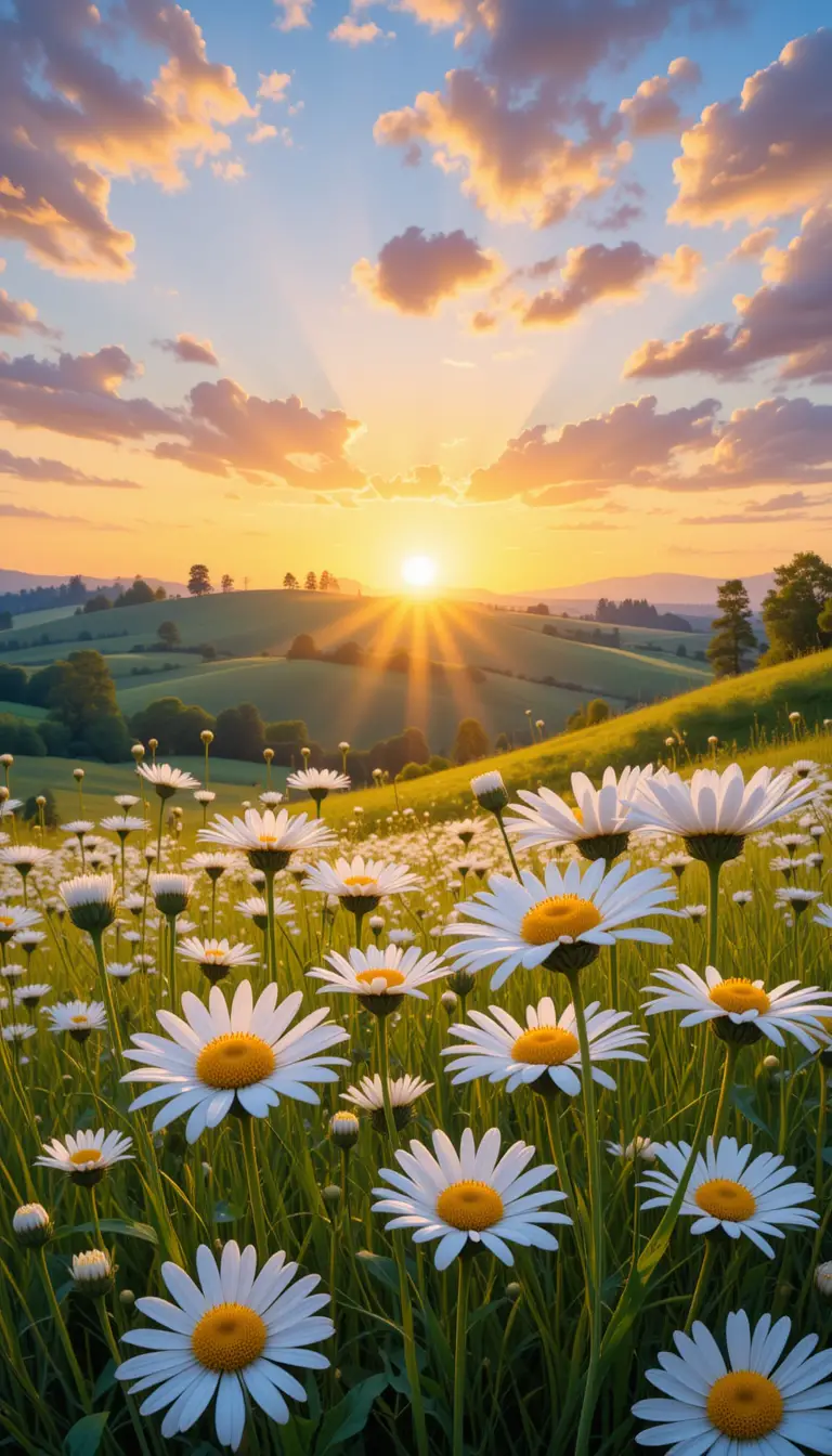 Daisies In A Sunrise Meadow With Rolling Green Hills
