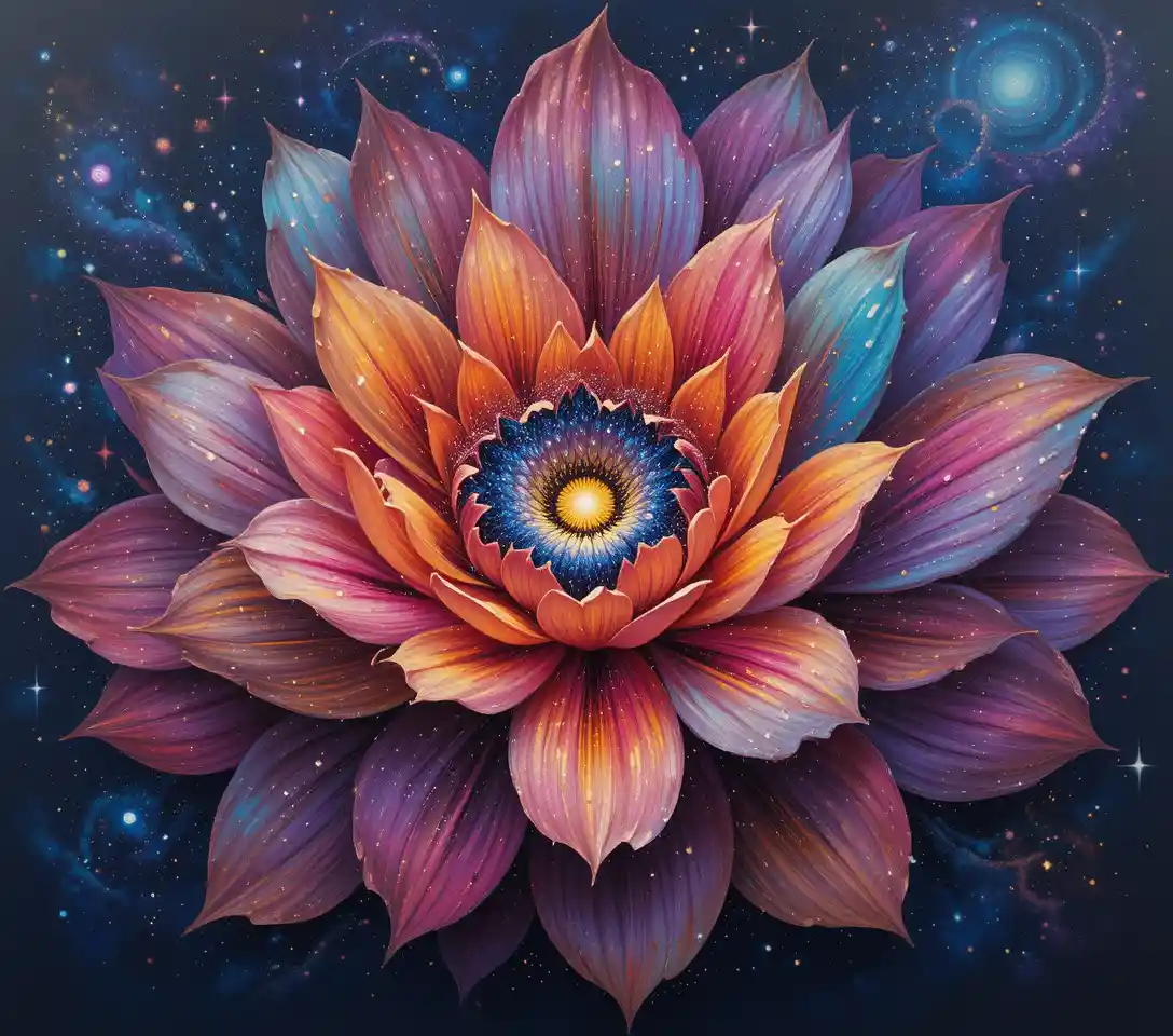 Surreal cosmic flower blooming with swirling galaxy petals
