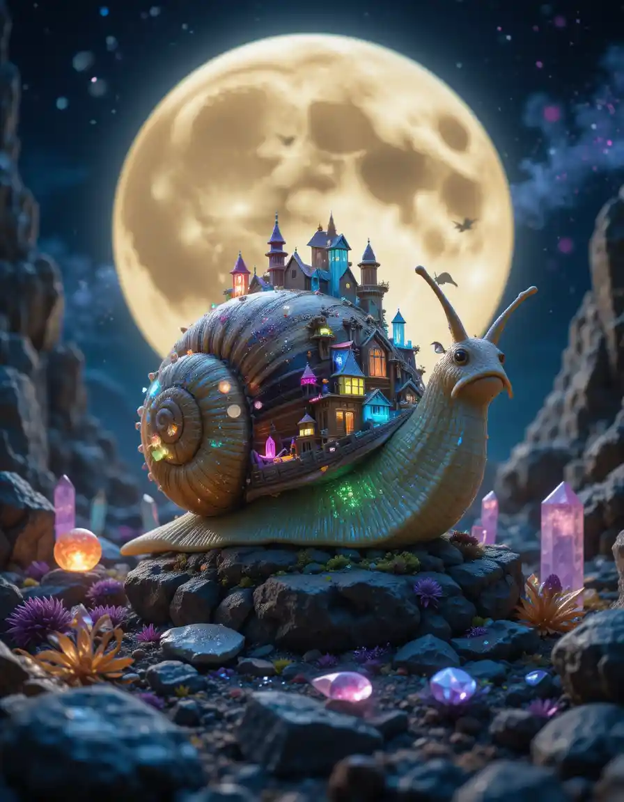 Fantasy snail carrying crystal city under glowing moonlight