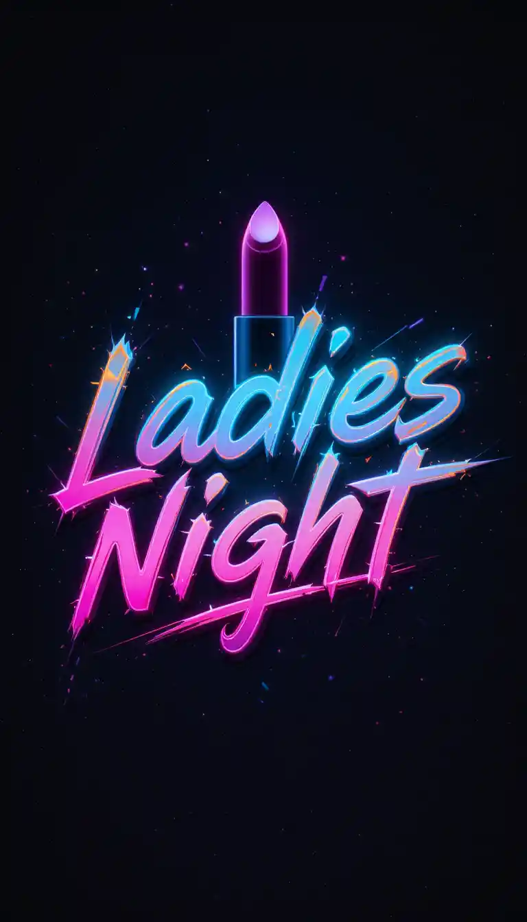 3d ladies night logo with lipstick and neon glow