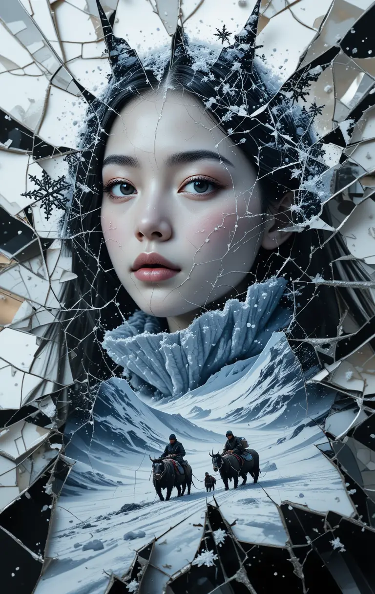 Close up girl portrait in cracked mirror over snow mountains