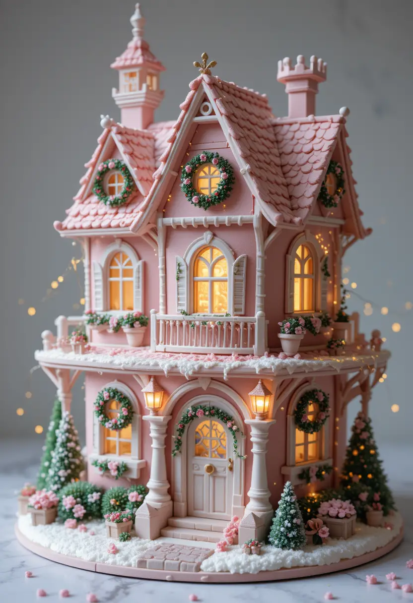Whimsical Pink Storybook House With Christmas Decorations