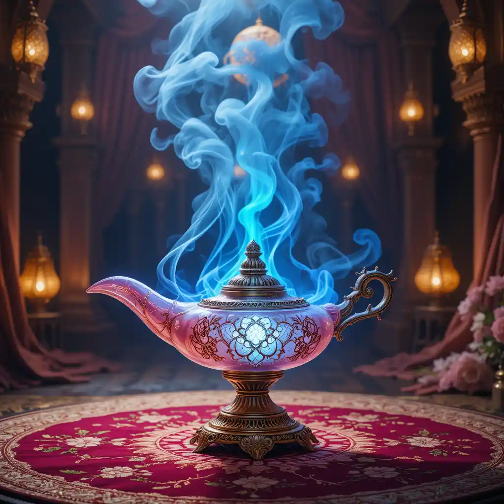Glowing glass magic lamp with swirling blue smoke