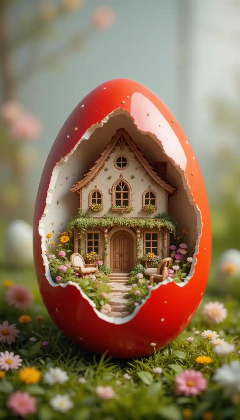 Red Easter egg revealing a tiny house inside