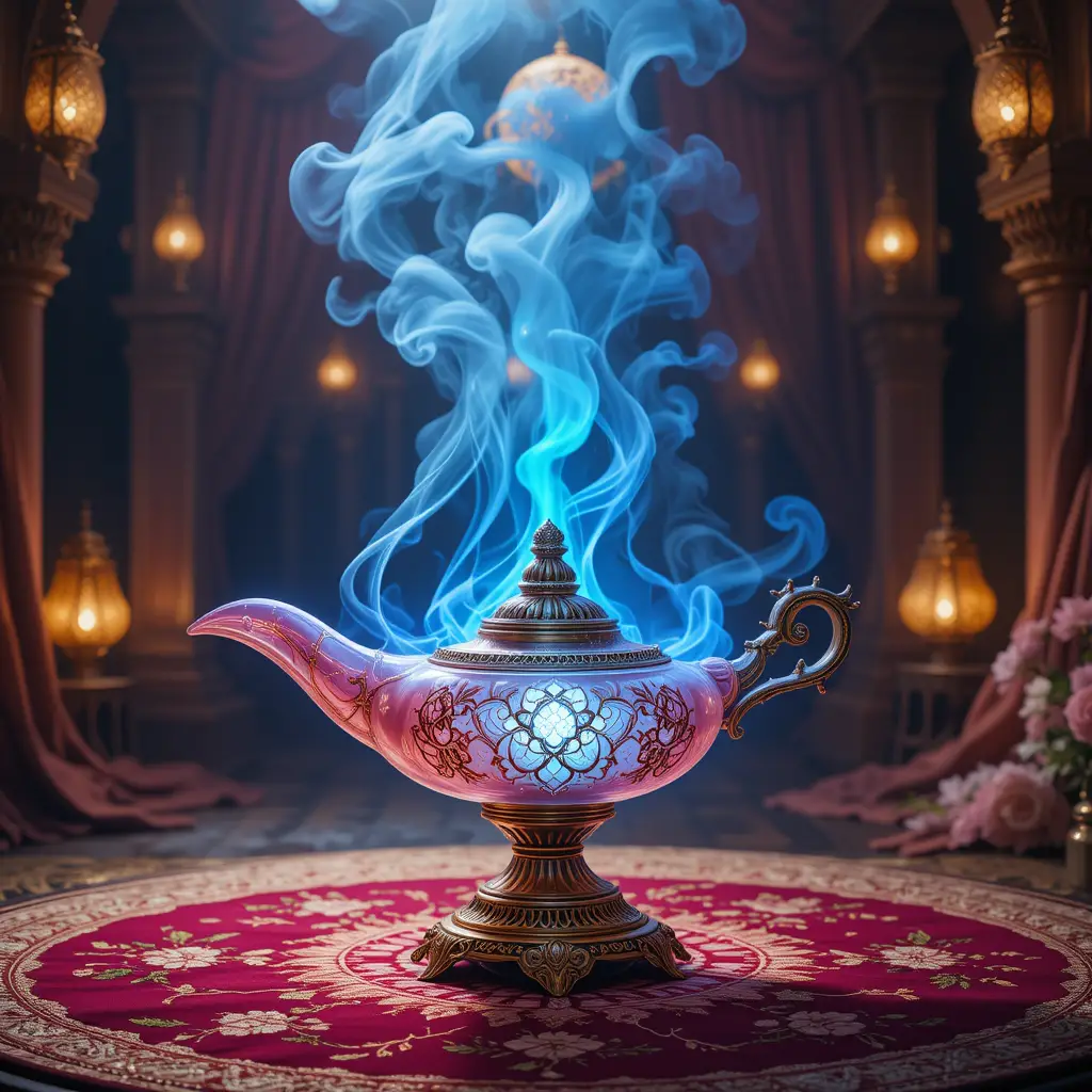 Glowing glass magic lamp with swirling blue smoke