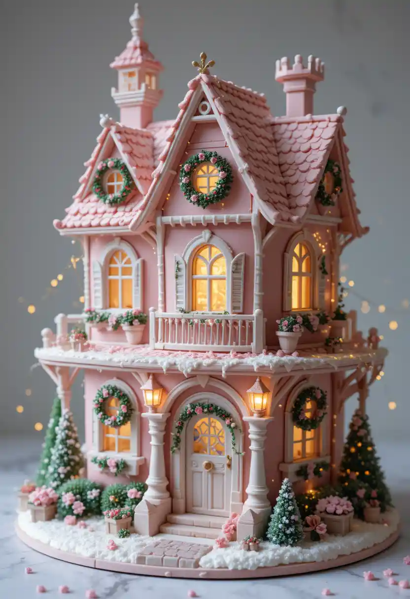 Whimsical Pink Storybook House With Christmas Decorations