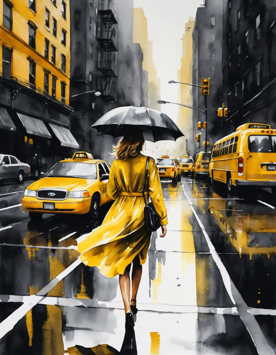 Woman with umbrella on rainy new york street at sunset