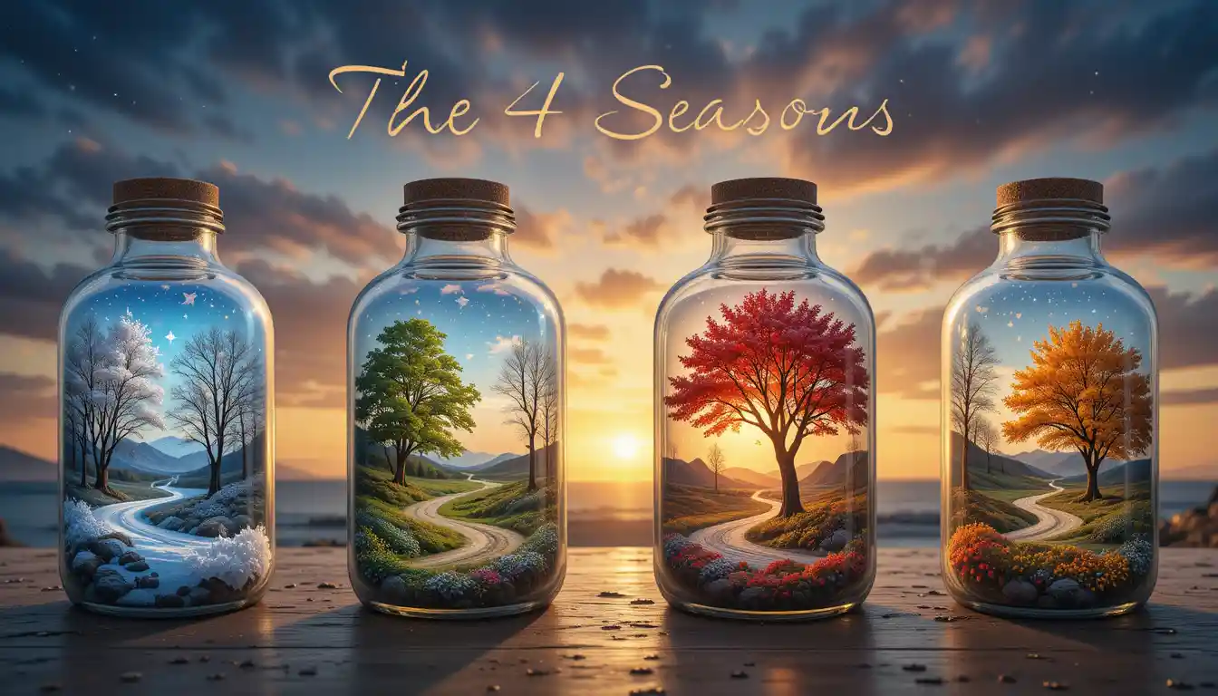Four glass bottles holding surreal seasonal landscapes