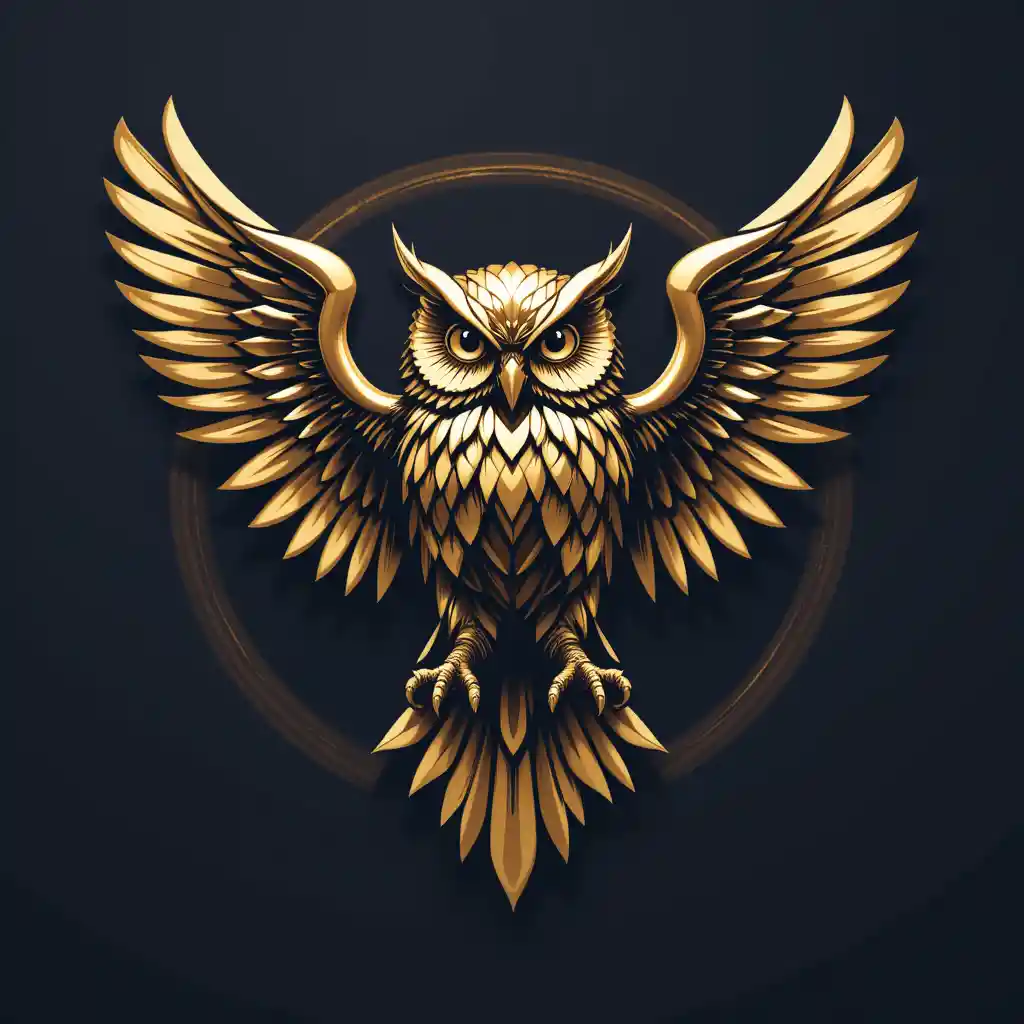 Logo esportivo de coruja dourada com asas abertas