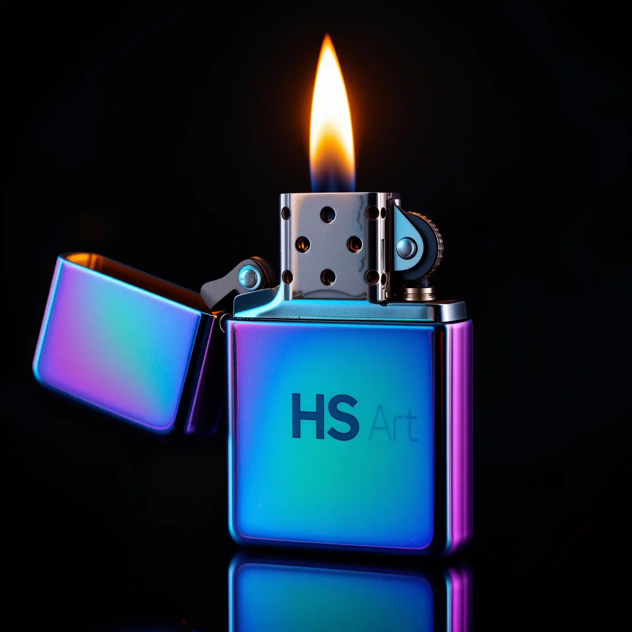 Metal lighter with open lid and bright burning flame