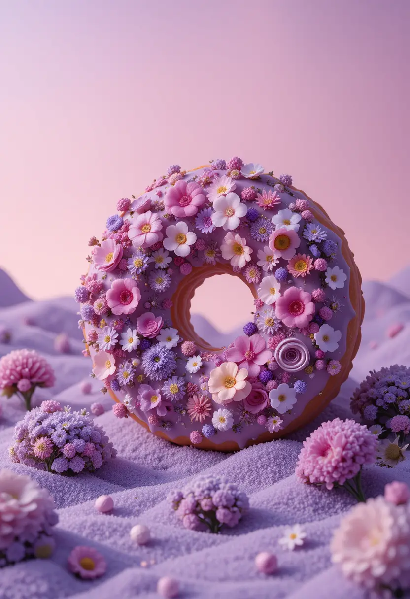 Miniature Floral Donut Landscape In Soft Purple Tones