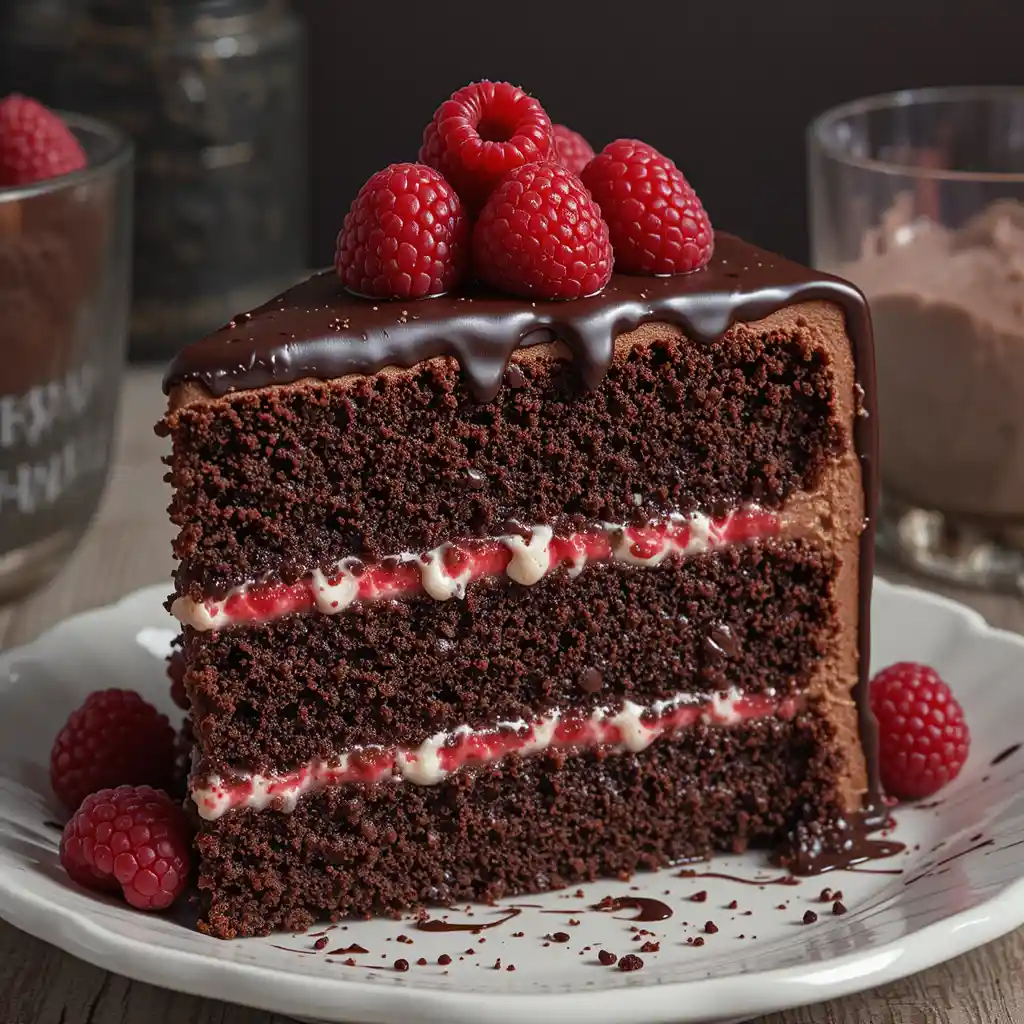 Decadent Chocolate Layer Cake With Ganache And Raspberries