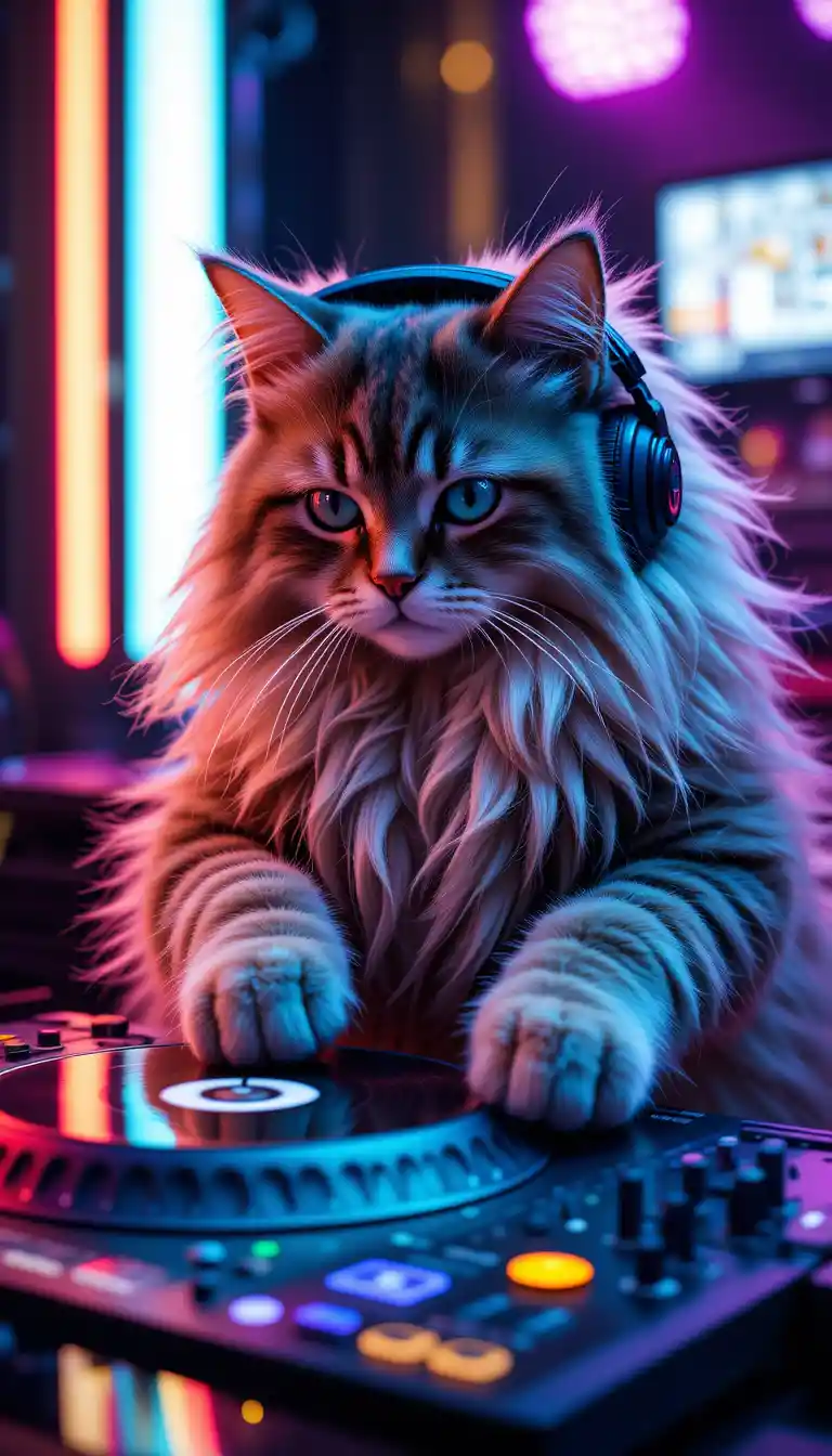 Persian cat DJ mixing music under neon club lights