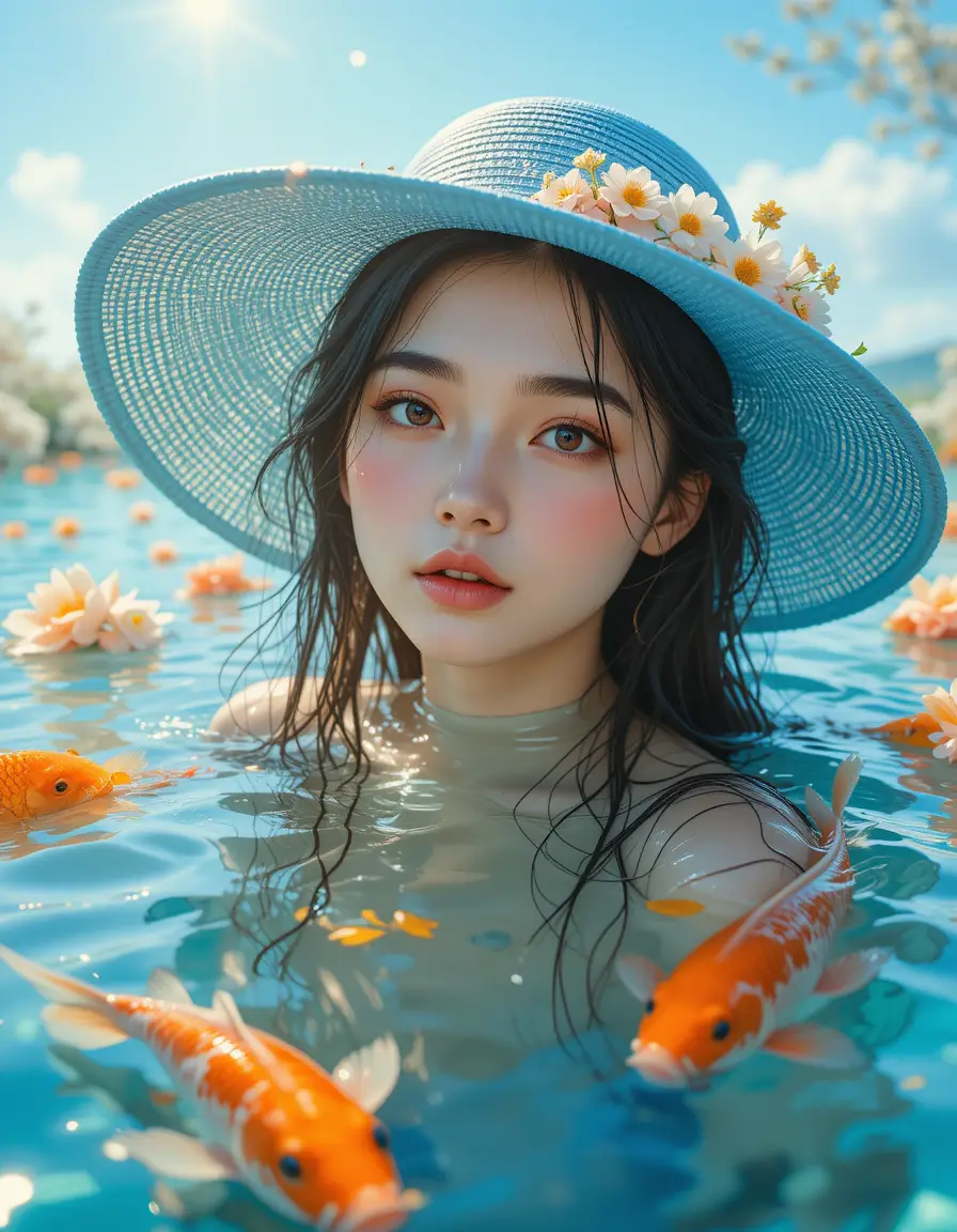Young woman in water with blue hat and koi fish