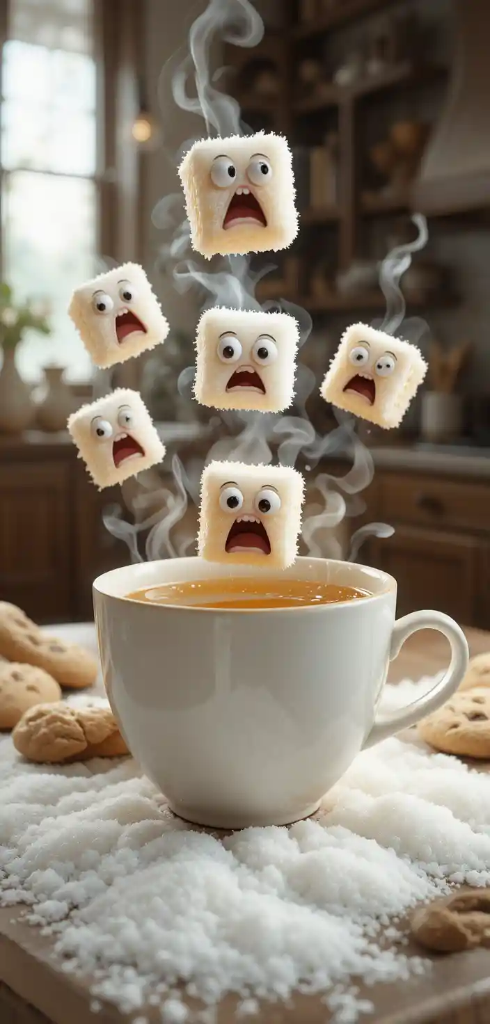 Whimsical sugar cubes falling into a steaming cup of tea