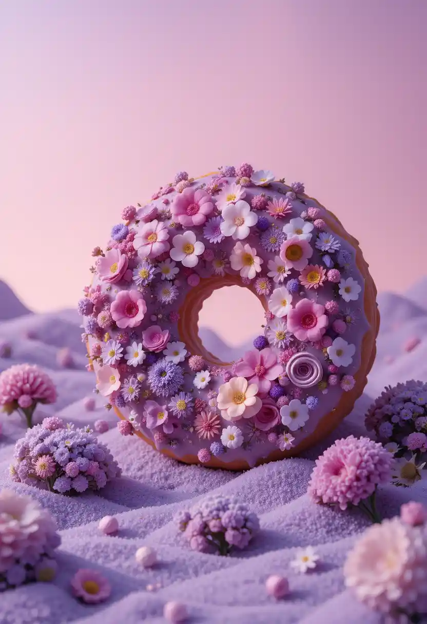 Miniaturlandschaft mit floralen Donuts in sanften Lilatönen